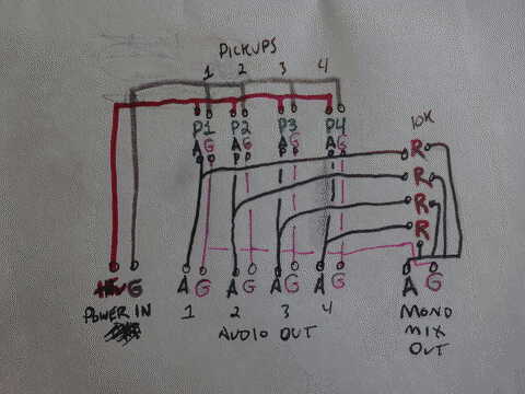 a wiring drawing of four pickups powered from +12v with four outs plus one summed out